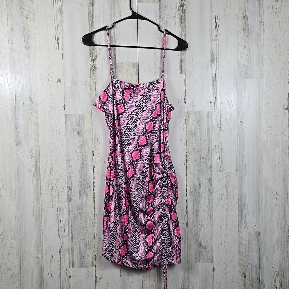 Shein pink black spaghetti strap ruched mini dress women's size large